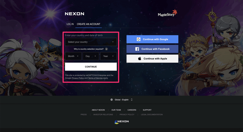 NEXONアカウントの作成画面