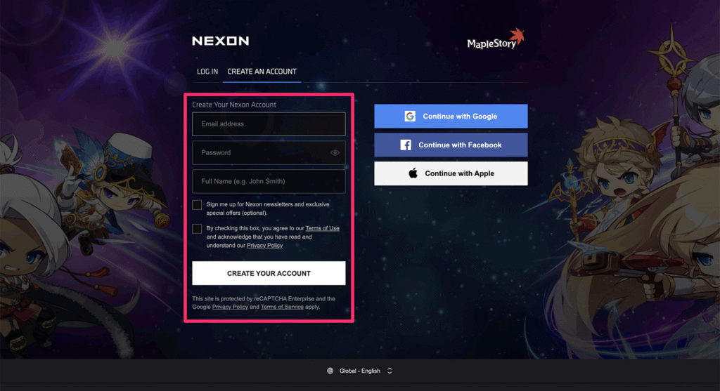 NEXONアカウントの作成画面